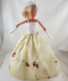 3pcs Handmade Wedding Dress Clothes for Barbie Doll Glove Headband 