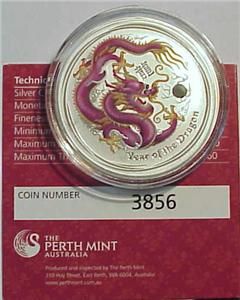 2012 Brisbane Anda Purple Dragon 1 oz Silver Coin with Box COA