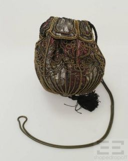 Designer Metallic Beaded Brown & Maroon Brocade Drawstring Handbag