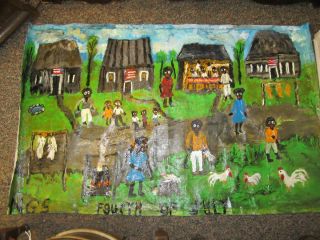 AWESOME FOLK ART MID 1950S OIL HAND PAINTED OIL CLOTH OUTSIDER ART