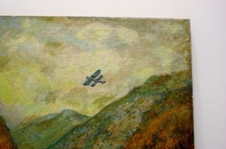 1931 Fine LG Painting Oil on Canvas Catskill Mountains with Biplane 
