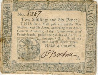 1781 PENNSYLVANIA 2 SHILLINGS 6 PENCE COLONIAL NOTE   VERY SCARCE LATE 