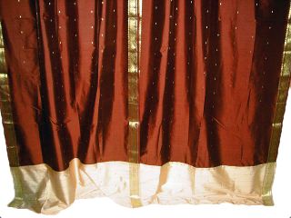 These Brown silk sari window curtains with golden floral border 