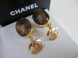 Chanel Vintage Earrings Gold Brown Stone Dangling