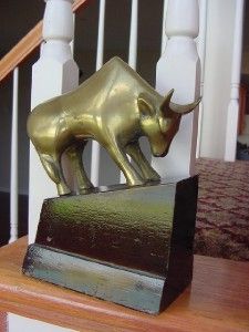 Solid Brass Bull Vintage Statue Bookend on Heavy Wooden Base Old 