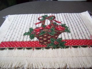 Christmas Apple Basket Pinecones Holly Berries Red Bow Crochet Top 
