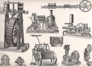 STEAM & WATER Driven Wheels Pumps Fire Engines   1870s Antique Print