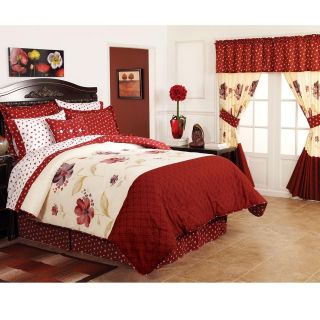   Size 9pc Bedding Comforter Set Burgundy Red Floral Curtains