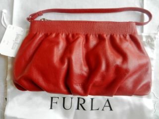Furla Busta Cherry Red Nappa Leather Pouchette Baguette Handbag MSRP $ 