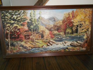 Vintage Oil Painting Landscape Cabin Signed Frances Moers 47 5 x 23 5 