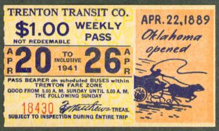 Trenton Transit Weekly Trolley Pass 1941 Oklahoma Opens