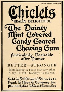   Chiclet Mint Chewing Gum Candy Cadbury Adams   ORIGINAL ADVERTISING