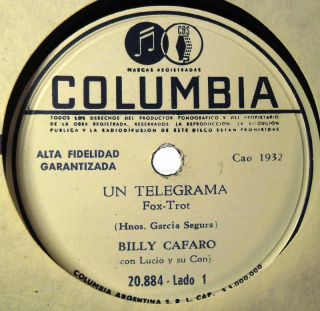 Billy Cafaro Un Telegrama Latin Rock 60s 78 RPM Record in Condition 