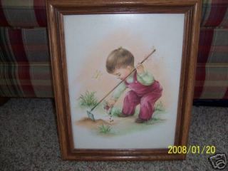 Antique Picture Little Boy Planting Seeds with A Hoe