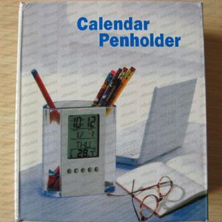 Digital LED Calendar desktop Clock pen pencil holder thermometer week 