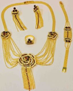 PCS NECKLACE EARRINGS RING AND A BRACELET GOLD PLATED NECKLACE SET