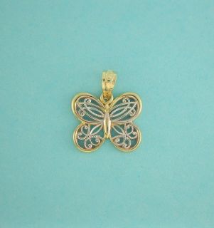 10K Solid Yellow White Gold Butterfly Charm Filigree 5 8 Inch 16mm 