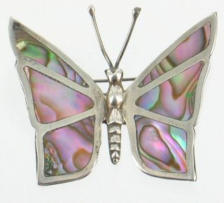 Vintage Sterling Silver ECF Abalone Butterfly Pin Mexico