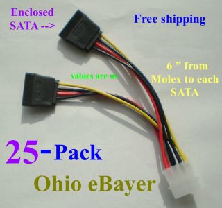 25 X   4 PIN IDE Molex To 2 SATA Power cable adapters   6 Long