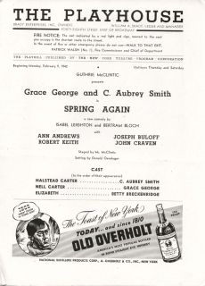   Again Playbill 2 9 42 Grace George C Aubrey Smith Playhouse