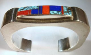 Julian Arviso Silver Bracelet Inlaid Turquoise Lapis Coral Navajo 56 9 