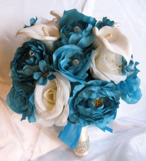   Bouquet Bridal Silk flowers TURQUOISE CREAM CALLA LILY 17 pcs package