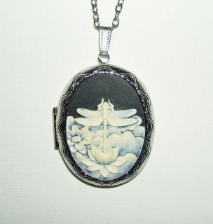DRAGONFLY CAMEO Necklace Locket Pendant Dragon Fly Lotus Flowers