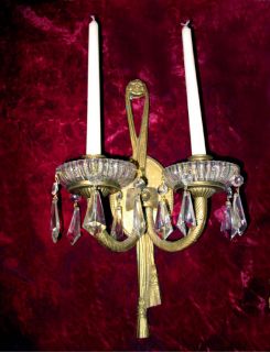 Set of 2 Vintage Brass Crystal Candle Sconces 9x 14
