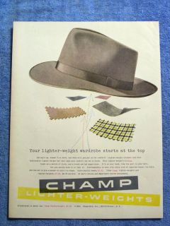  Vintage 1954 Champ Featherweight Men's Hats Ad