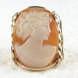   Cornelian Shell Cameo Ring 14K Rolled Gold Jewelry Vintage Cameo