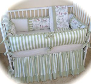 Over The Moon Toile Green Stripe Baby Crib Bedding Set