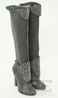 Candela Black Leather Studded Stacked Heel Knee High Polo Boots Size 