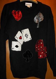 Vtg Embellished Sequins Sweater PLAYING CARDS Poker Vegas Dice 80s 