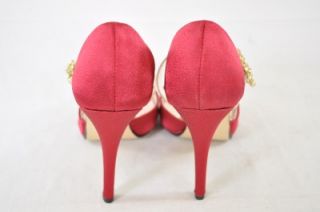 Caparros Vertical Red Satin and Gold Leather Open Toe Heels
