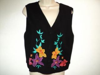 Carole Little Black Vest Flower Appliques Size XL
