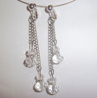 CLIP ON CLEAR Faceted Glass Crystal 2.5Long Dangle Earrings(J152) USA 