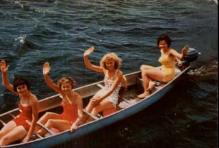 POCONOS PA Girls Canoeing at Promised Land CANOE Old Postcard
