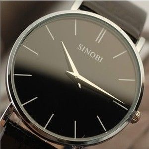  Fashion Mens Black Ultra Thin Case Watches Quartz Wrist Watch