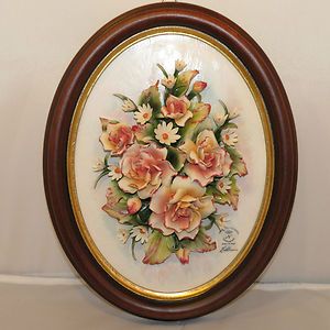 Capodimonte Porcelain Flowers in Frame Made in Italy Oval Medium