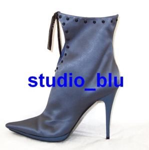 Casadei Grey Blue Satin Black Beaded Bow Ankle Boots 10