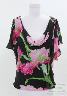 Carmen Marc Valvo Black & Pink Beaded Floral Silk Blouse Size 12