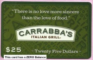Carrabbas Restaurant Collectible No Value Gift Card Buy 6 SHIP Free 