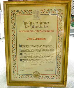   Golf Jess Sweetser USGA Resolution of Appreciation Certificate
