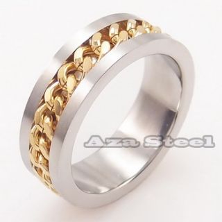 Mens Silver Gold Chain Center Stainless Steel Ring US Size 7 8 9 10 