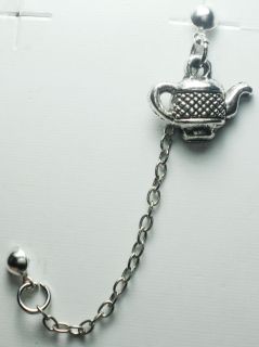 Beautiful Tea Pot Double Stud Chain Earring Silver Tone for Men Women 