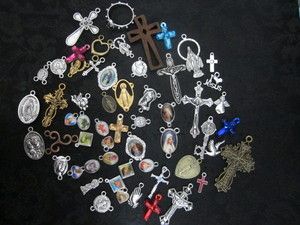   57 mixed pieces medals center rosary and cross religious charms 0808F