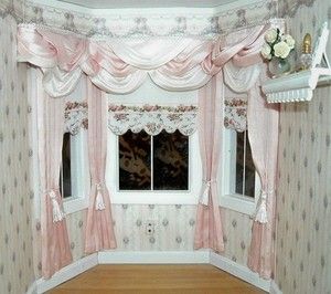 Dollhouse Bay Window Pink and White Curtain Drape