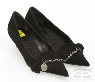   Black Suede Pointed Toe Chain Charm Detail Kitten Heels Size 6B