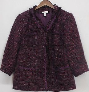 Charter Club Sz 0X Tweed Jacket w Frayed Edges Dark Purple Solid New 