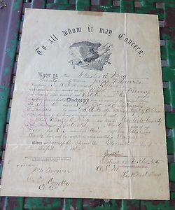 1865 Civil War Discharge Paper Charles King Joseph Brown  152 Illinois 